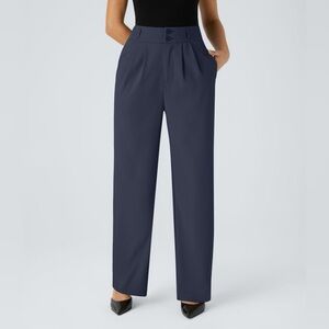 Halara High Waisted Zipper Pocket Shirred Straight Leg Work Pants Medium Blue